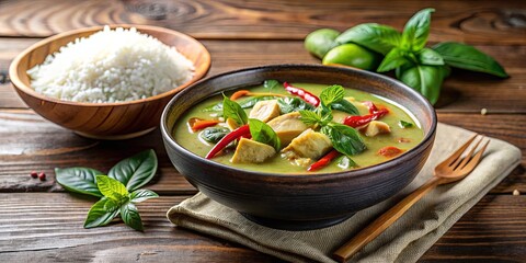 Freshly prepared green curry with rice and vegetables in a Thai ceramic bowl on a wooden table