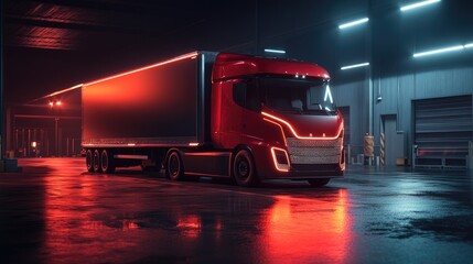 Sticker - Autonomous delivery truck, compact and electric, parked at a loading dock, illuminated by warehouse lights