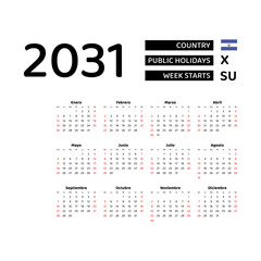 Wall Mural - Calendar 2031 Spanish language with El Salvador public holidays. Week starts from Sunday. Graphic design vector illustration.