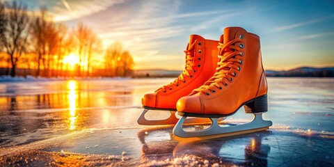 Wall Mural - Vibrant orange ice skates on a frozen surface, glowing in the sunlight, perfect for winter sports and leisure activities