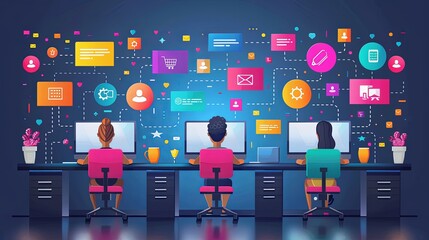 Wall Mural - Call center, online customer support. Contact Us Customer Service For Personal Assistant Service, Person Advisor and Social Media Network. 3D Web Vector Illustrations