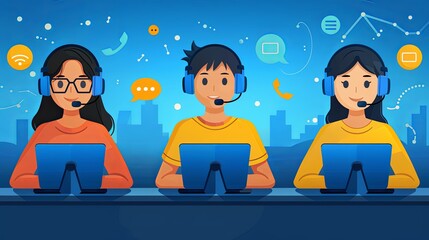 Wall Mural - Call center, online customer support. Contact Us Customer Service For Personal Assistant Service, Person Advisor and Social Media Network. 3D Web Vector Illustrations