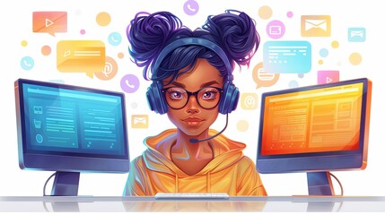 Wall Mural - Call center, online customer support. Contact Us Customer Service For Personal Assistant Service, Person Advisor and Social Media Network. 3D Web Vector Illustrations