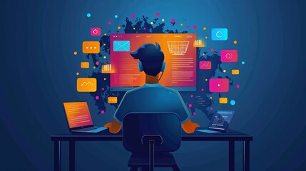 Wall Mural - Call center, online customer support. Contact Us Customer Service For Personal Assistant Service, Person Advisor and Social Media Network. 3D Web Vector Illustrations
