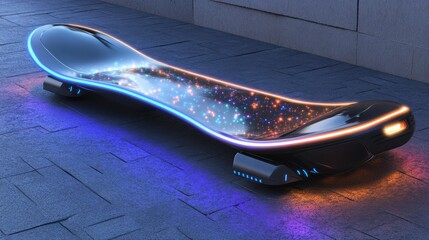 Wall Mural - Electric skateboard, streamlined with LED lights, leaning against a wall, reflecting sunset light