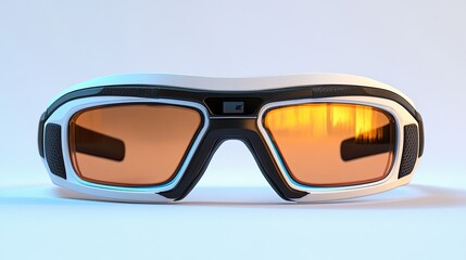 Smart glasses with augmented reality display, thin frame, glowing softly, against white background