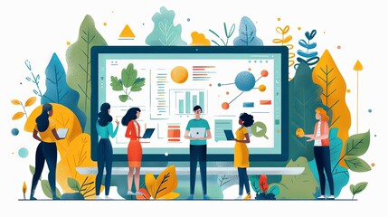 Wall Mural - Cartoon characters graphic design workers, online chats and abstract web page frames. Geometric shapes, online worker concept with laptop in doodle style. Creative people artists with pencils