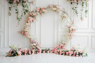 Wall Mural - Floral Archway with Pink Roses and White Wall Panels