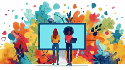 Wall Mural - Cartoon characters graphic design workers, online chats and abstract web page frames. Geometric shapes, online worker concept with laptop in doodle style. Creative people artists with pencils