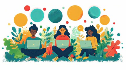 Wall Mural - Cartoon characters graphic design workers, online chats and abstract web page frames. Geometric shapes, online worker concept with laptop in doodle style. Creative people artists with pencils