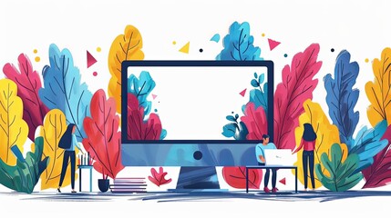 Wall Mural - Cartoon characters graphic design workers, online chats and abstract web page frames. Geometric shapes, online worker concept with laptop in doodle style. Creative people artists with pencils
