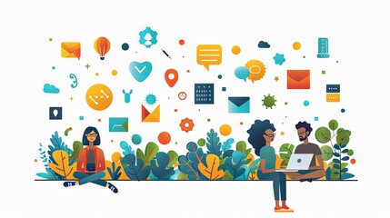 Wall Mural - Cartoon characters graphic design workers, online chats and abstract web page frames. Geometric shapes, online worker concept with laptop in doodle style. Creative people artists with pencils