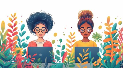 Wall Mural - Cartoon characters graphic design workers, online chats and abstract web page frames. Geometric shapes, online worker concept with laptop in doodle style. Creative people artists with pencils