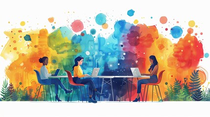 Wall Mural - Cartoon characters graphic design workers, online chats and abstract web page frames. Geometric shapes, online worker concept with laptop in doodle style. Creative people artists with pencils