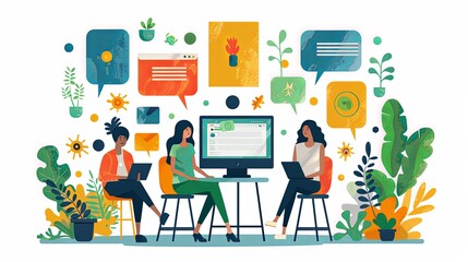 Wall Mural - Cartoon characters graphic design workers, online chats and abstract web page frames. Geometric shapes, online worker concept with laptop in doodle style. Creative people artists with pencils
