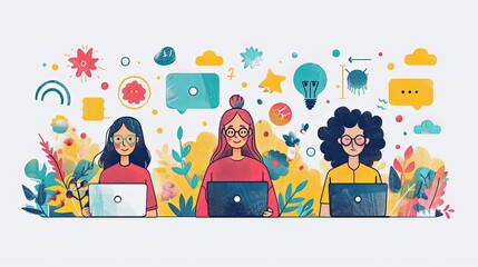 Wall Mural - Cartoon characters graphic design workers, online chats and abstract web page frames. Geometric shapes, online worker concept with laptop in doodle style. Creative people artists with pencils