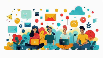 Wall Mural - Cartoon characters graphic design workers, online chats and abstract web page frames. Geometric shapes, online worker concept with laptop in doodle style. Creative people artists with pencils