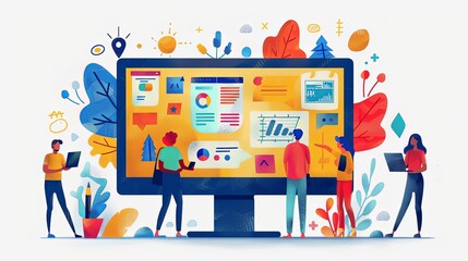 Wall Mural - Cartoon characters graphic design workers, online chats and abstract web page frames. Geometric shapes, online worker concept with laptop in doodle style. Creative people artists with pencils