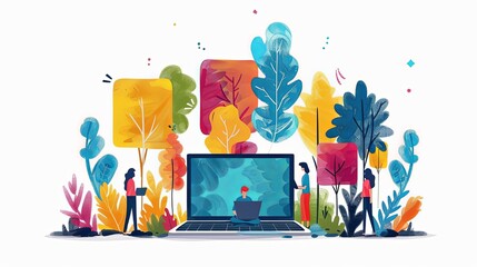 Wall Mural - Cartoon characters graphic design workers, online chats and abstract web page frames. Geometric shapes, online worker concept with laptop in doodle style. Creative people artists with pencils