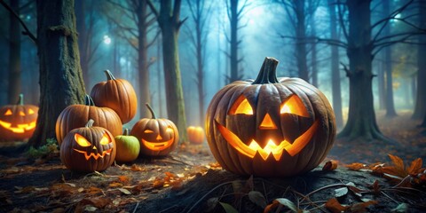 Poster - Large pumpkins with glowing faces in a moonlit forest for Halloween decor , Halloween, pumpkins, glowing, faces, moon, forest