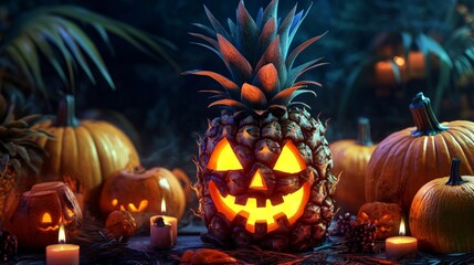 Creative Halloween scene with a carved pineapple jack-o'-lantern among pumpkins, soft candlelight, and dark foliage.