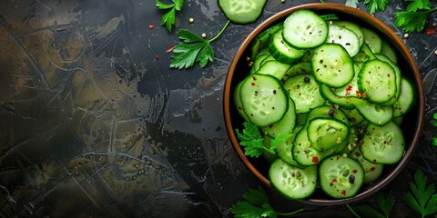 Wall Mural - Traditional cucumber salad with room for text seen from above