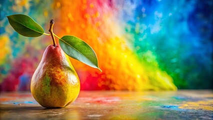 Close-up of a ripe pear with a leaf on its stem and a colorful paint smudge in the background