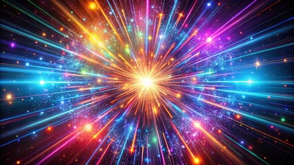 Vivid cosmic array with sharp neon beams intersecting floating particles