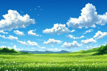 A vast green meadow stretches out under a bright blue sky with fluffy white clouds. Birds fly overhead.