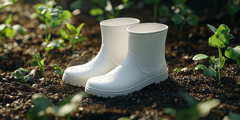 A pair of white rain boots placed on the ground, surrounded by soil and green plants, generative AI