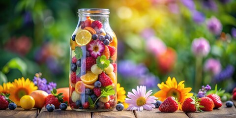 Canvas Print - Close up of bottle filled with colorful fruits and flowers, bottle, fruit, flowers, colorful, vibrant, fresh, healthy