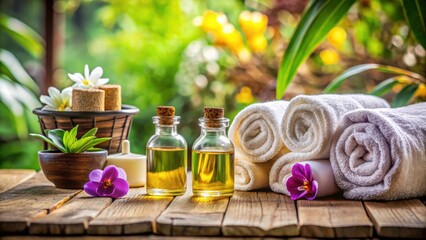 Canvas Print - Relaxing spa setting with aromatic essential oils and neatly folded towels , spa, relaxation, essential oils