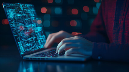 Canvas Print - Close-up of hands typing on laptop with glowing screen and blurry bokeh lights in the background. Perfect for technology, innovation, and coding concepts.