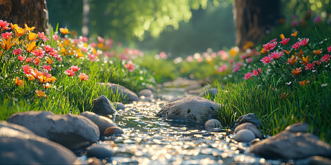 Wall Mural - A close up of grass and flowers, generative AI