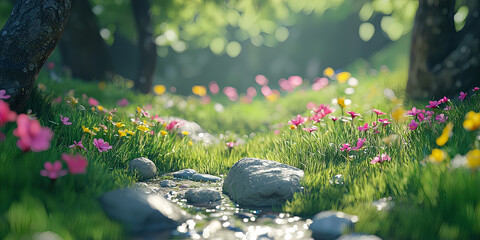 Wall Mural - a close up of grass and flowers, generative ai