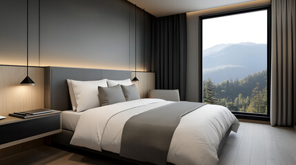 Wall Mural - Modern hotel bedroom with mountain views, perfect for a relaxing getaway.