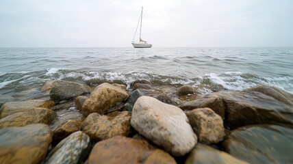 Calm ocean with gentle waves lapping against a rocky shore, overcast sky, sense of peace, Labor Day, coastal relaxation