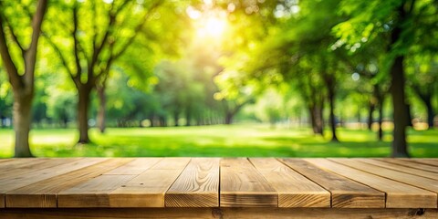 Empty wood table with blurred green tree background in park garden for product display or montage