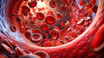 Canvas Print - Close up of blood cells and glucose flowing in a vein, vein, blood cells, glucose, red blood cells, white blood cells