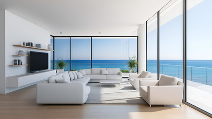 Wall Mural - Modern Living Room with Ocean View - Perfect for Relaxation and Luxury