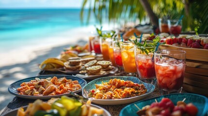 A festive beach party with a buffet of tropical foods and drinks, set against a lively atmosphere. Plenty of copy space.