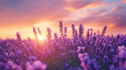 Wall Mural - A field of lavender in full bloom at sunset, with the sky painted in soft pastels and the scent of flowers filling the air.