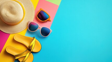 A flat lay of summer fashion essentials, including sunglasses, a wide brimmed hat, and sandals, set against a bright and colorful background with space for text.