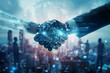 © mankjon - A Futuristic Handshake Between Human and Robot Over a Busy Cityscape Illuminated by Digital Interfaces and Cybernetic Elements