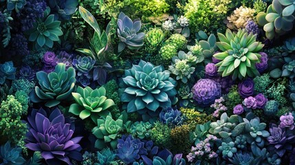 Wall Mural - A garden of succulents in different sizes and shapes, creating a lush, textural landscape with varying shades of green and purple.