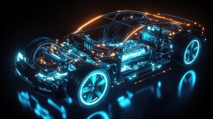 Futuristic Car Render with Glowing Lines and Engine Details.