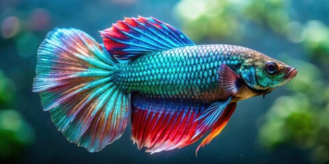 Wall Mural - Exotic multicolored betta fish with shimmering blue green scales swimming gracefully , aquatic, vibrant, colorful, pet, beautiful