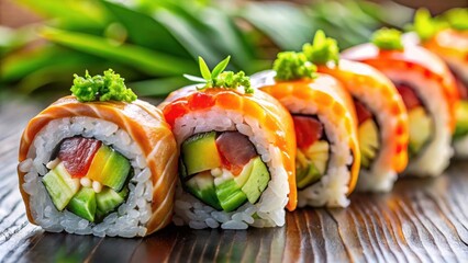 Sticker - Delicious and colorful sushi roll with fresh fish and vegetables , Japanese cuisine, seafood, rice, Asian food, healthy