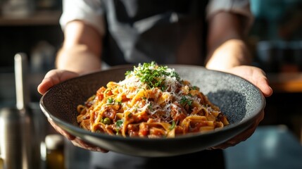 Delectable Pasta Dish with Vibrant Tomato-Based Sauce and Garnishes