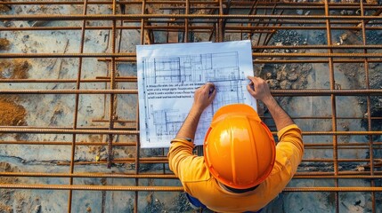 Construction Worker Reviewing Blueprint on Construction Site